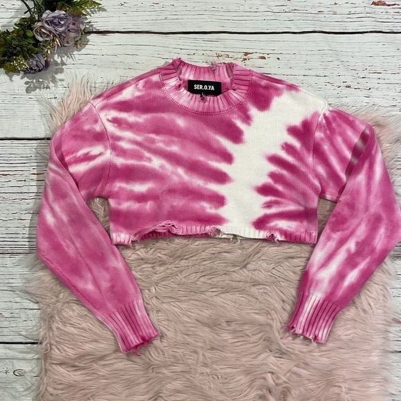 NWT SER.O.YA Paige Distressed Cropped Sweater Pink Line Tie Dye - Picture 2 of 9
